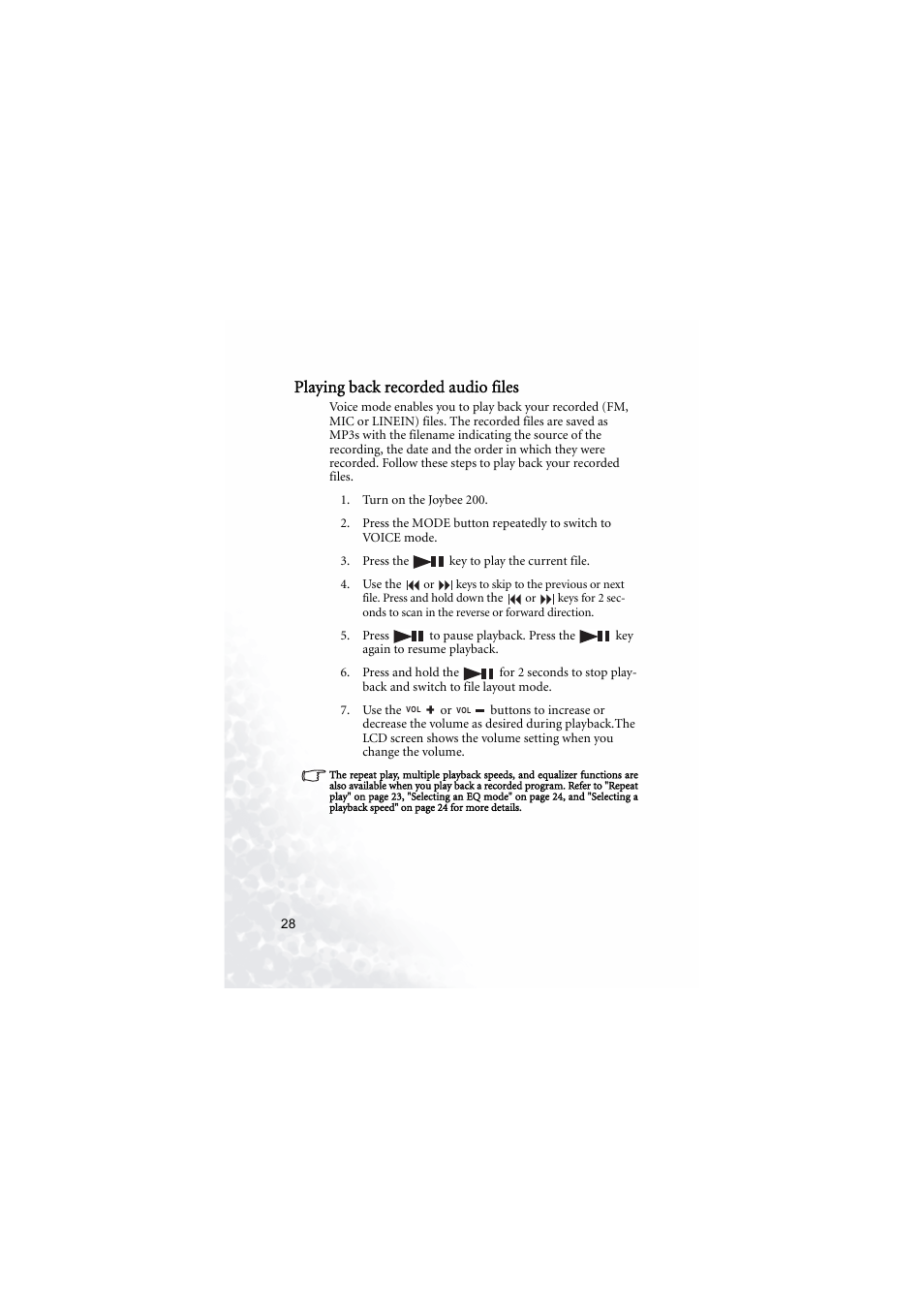 Playing back recorded audio files | BenQ Joybee 200 User Manual | Page 34 / 69