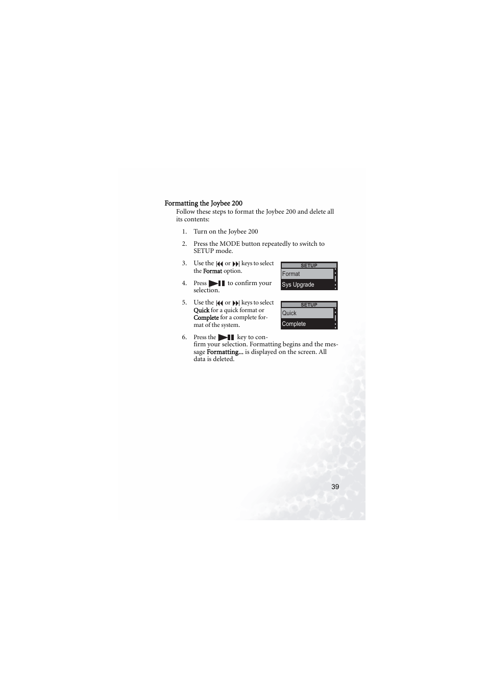 Formatting the joybee200, Formatting the joybee 200 | BenQ Joybee 200 User Manual | Page 45 / 69