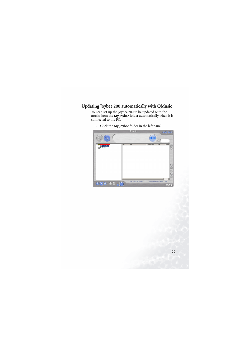 Updating joybee200 automatically with qmusic, Updating joybee 200 automatically with qmusic | BenQ Joybee 200 User Manual | Page 61 / 69