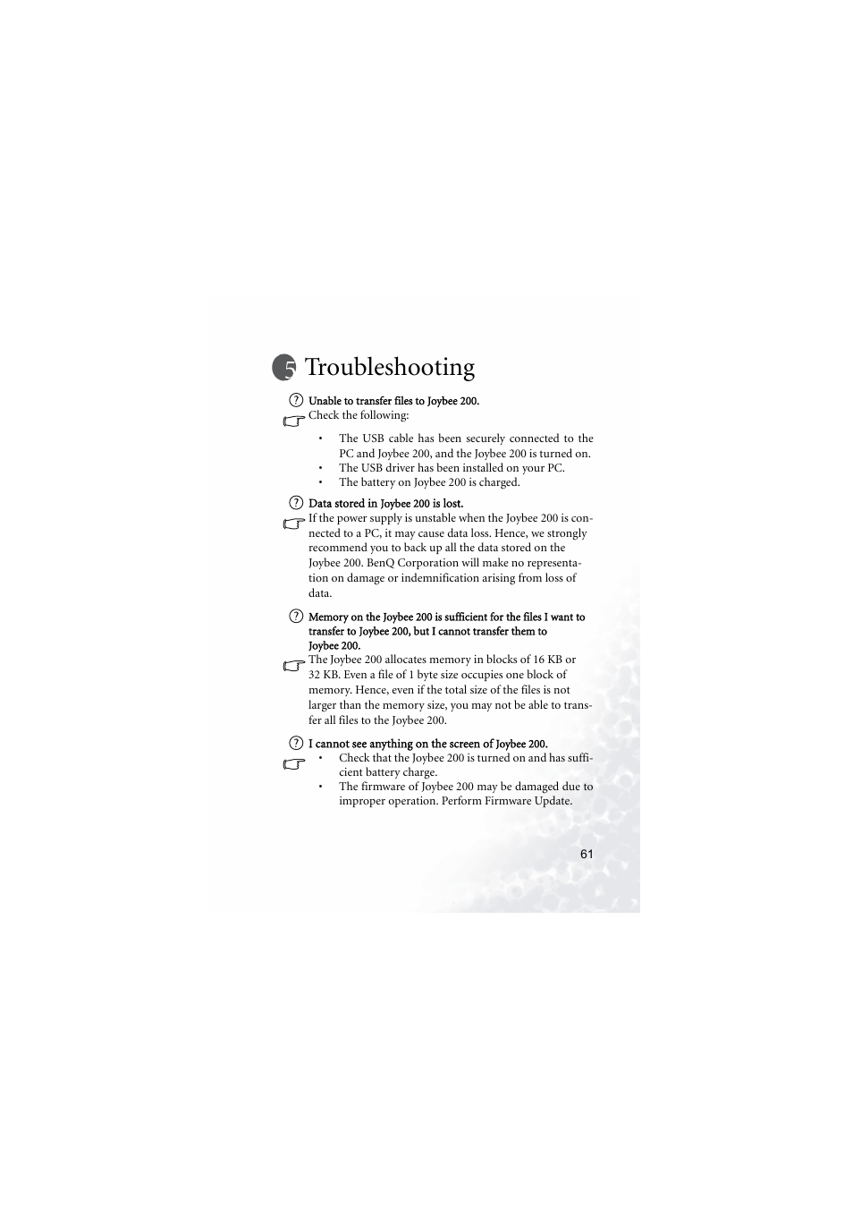 Troubleshooting | BenQ Joybee 200 User Manual | Page 67 / 69