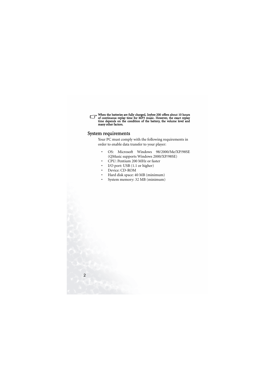 System requirements | BenQ Joybee 200 User Manual | Page 8 / 69