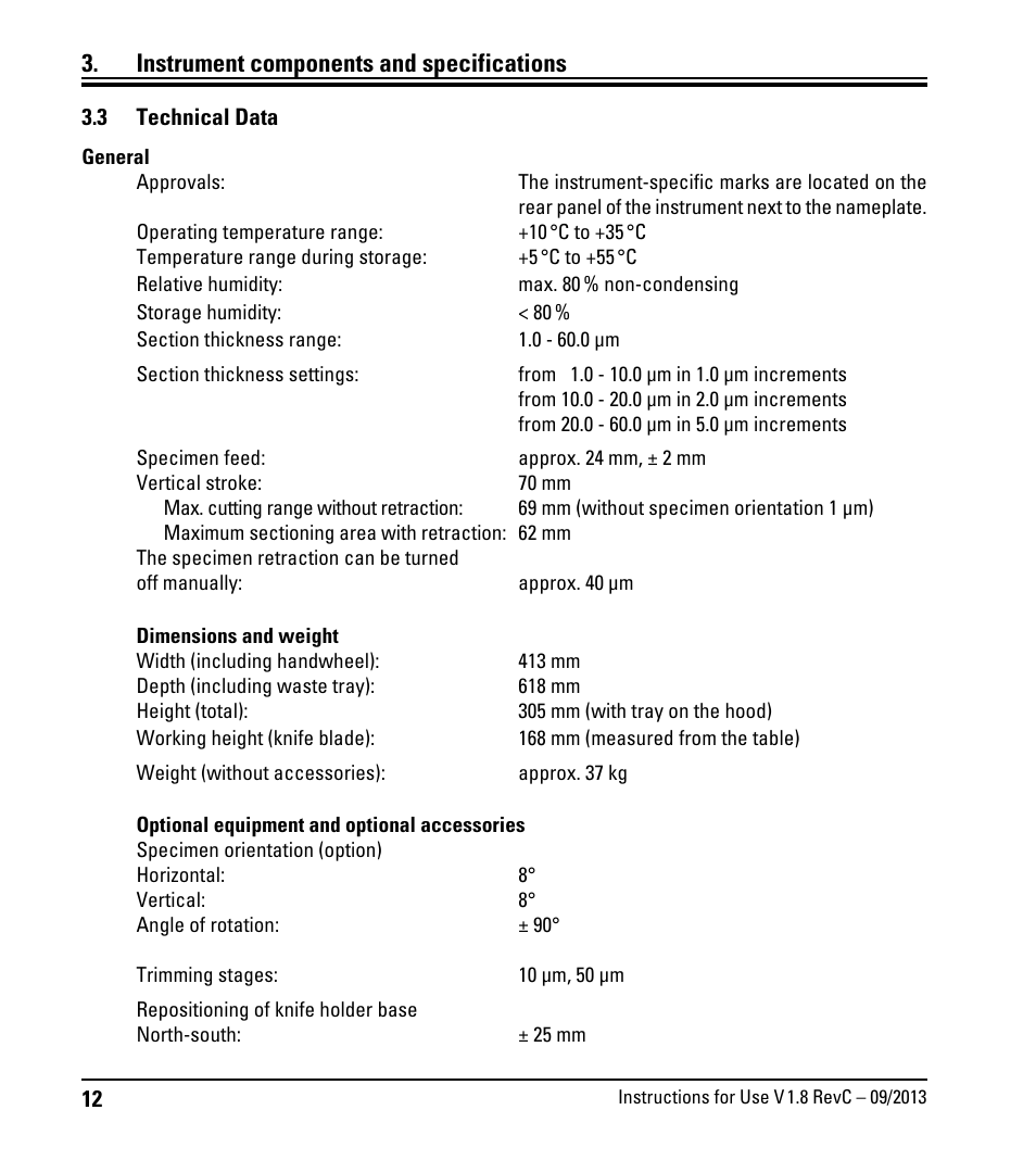 3 technical data, Technical data, Instrument components and specifications | Leica Biosystems RM2235 User Manual | Page 14 / 78