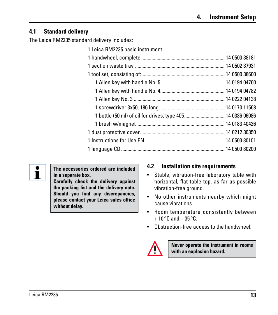 Instrument setup, 1 standard delivery, 2 installation site requirements | Standard delivery, Installation site requirements | Leica Biosystems RM2235 User Manual | Page 15 / 78