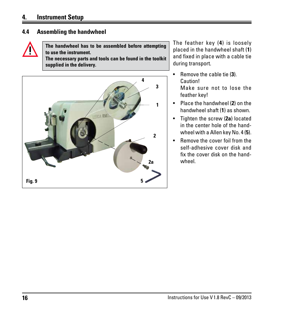 4 assembling the handwheel, Assembling the handwheel, Instrument setup | Leica Biosystems RM2235 User Manual | Page 18 / 78