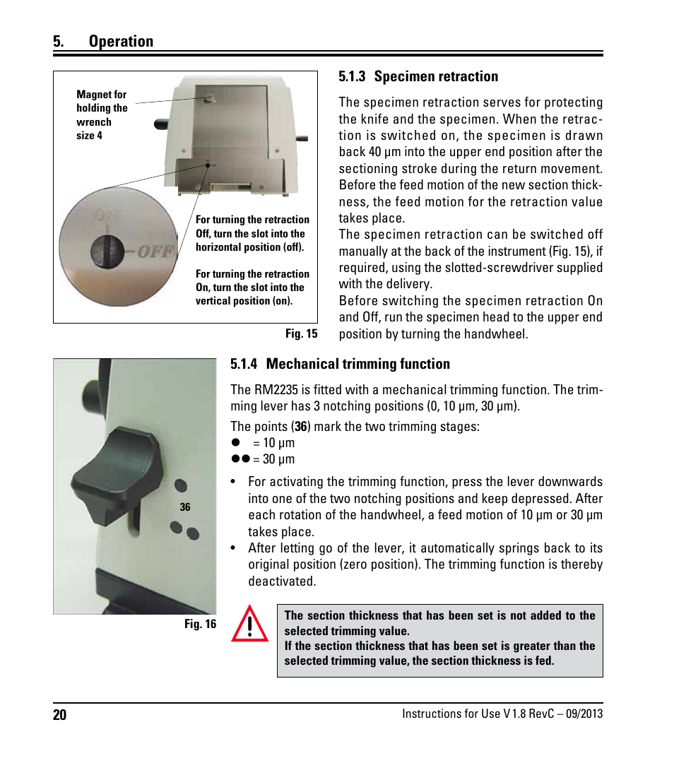 4 mechanical trimming function, 3 specimen retraction, Operation | Leica Biosystems RM2235 User Manual | Page 22 / 78