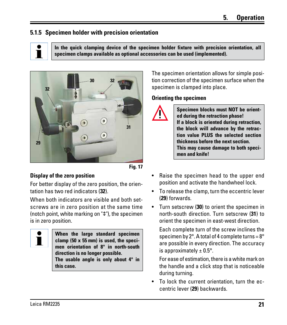 5 specimen holder with precision orientation, Operation | Leica Biosystems RM2235 User Manual | Page 23 / 78