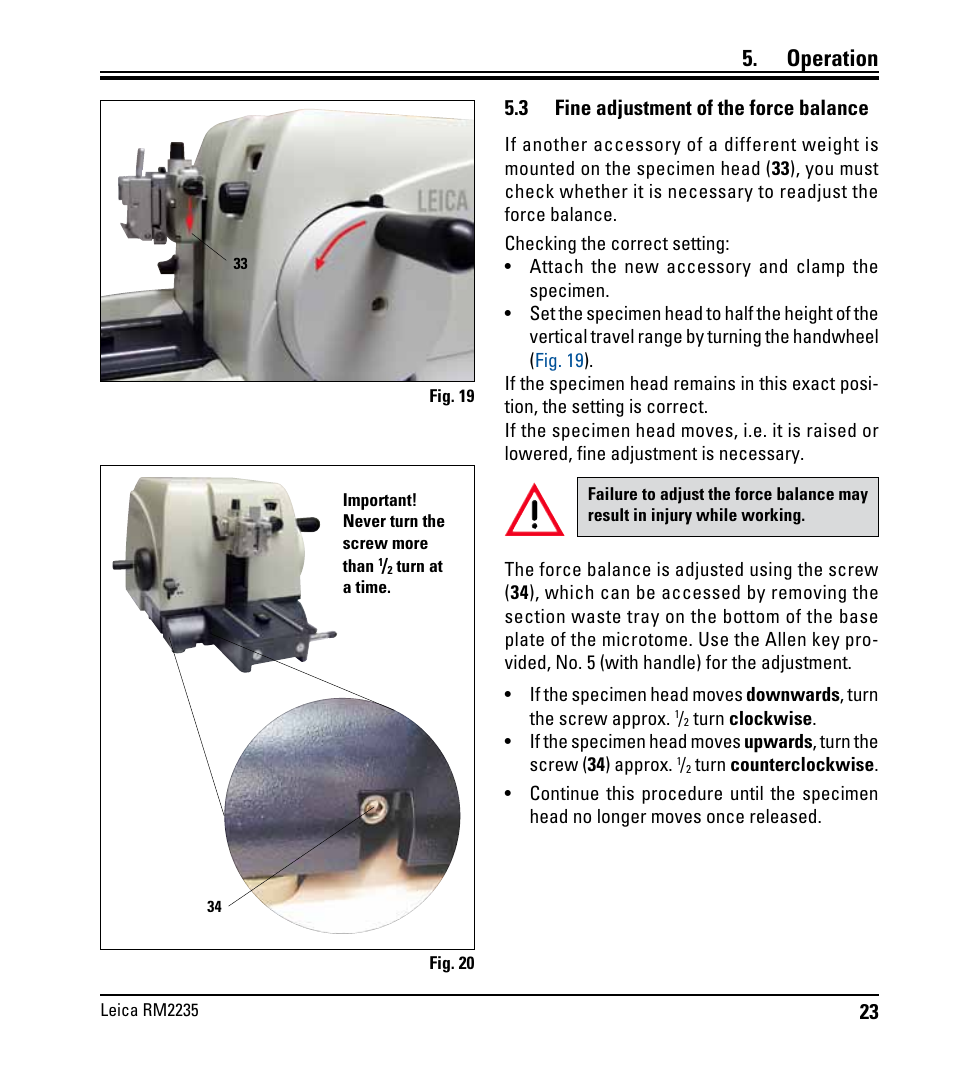 3 fine adjustment of the force balance, Fine adjustment of the force balance, Operation | Leica Biosystems RM2235 User Manual | Page 25 / 78