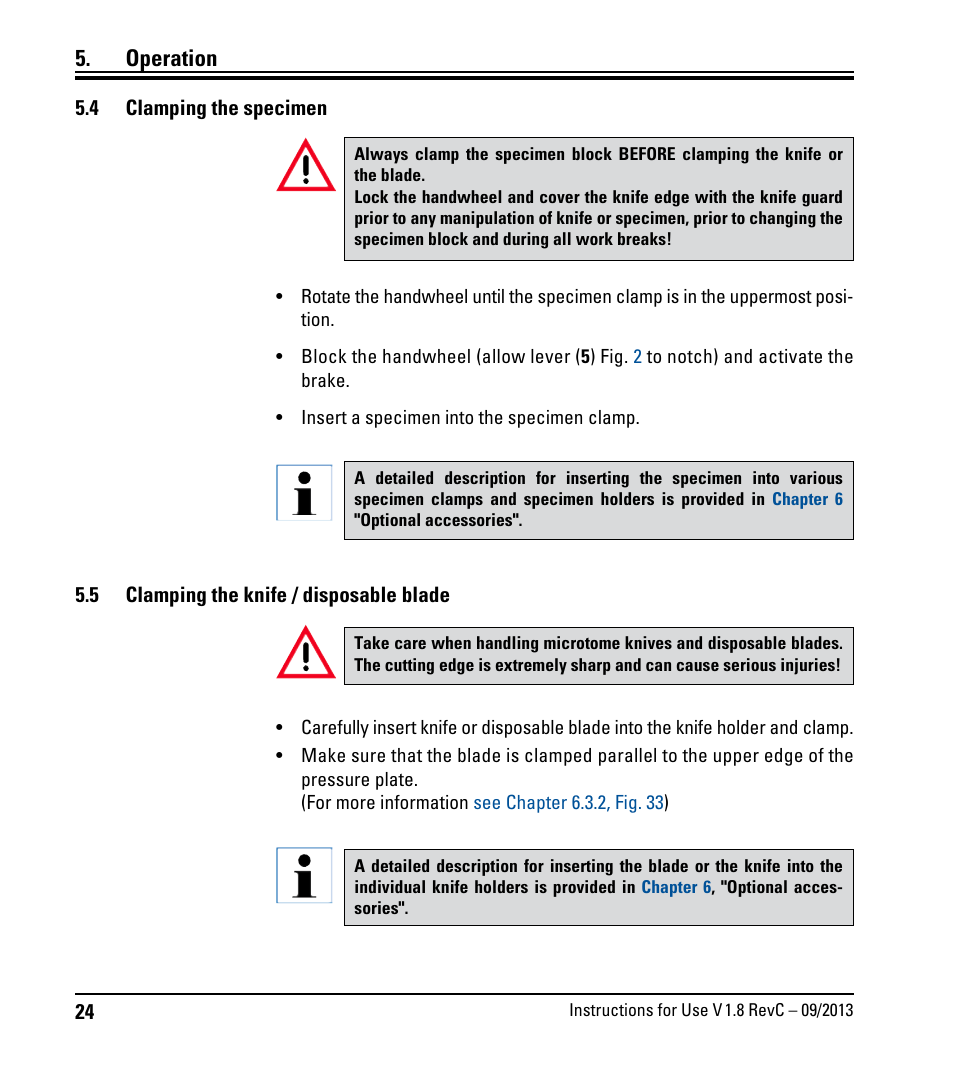 4 clamping the specimen, 5 clamping the knife / disposable blade, Clamping the specimen | Clamping the knife / disposable blade, Operation | Leica Biosystems RM2235 User Manual | Page 26 / 78