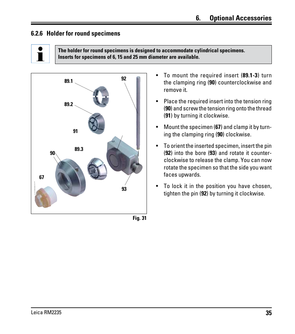 6 holder for round specimens, Optional accessories | Leica Biosystems RM2235 User Manual | Page 37 / 78