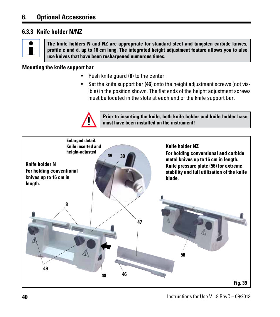 3 knife holder n/nz, Optional accessories | Leica Biosystems RM2235 User Manual | Page 42 / 78