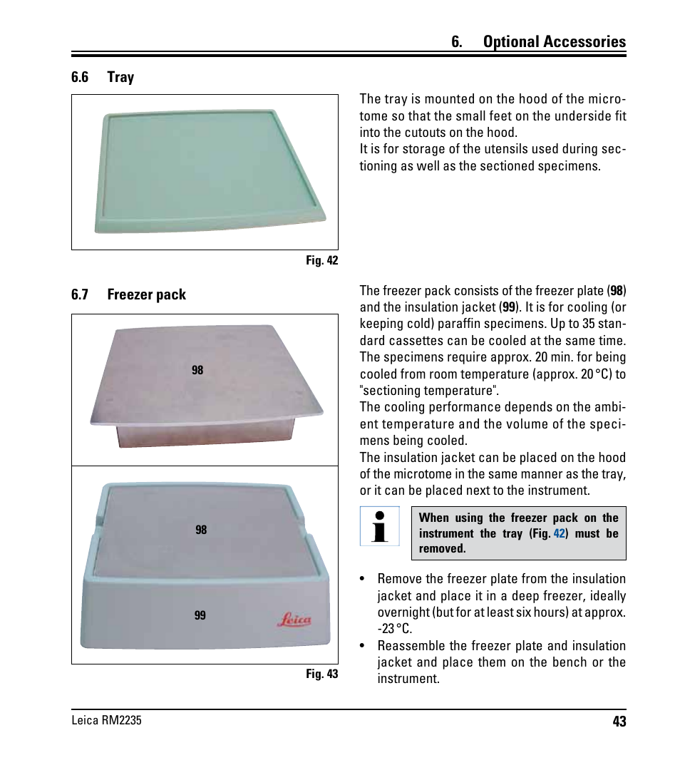 6 tray, 7 freezer pack, Freezer pack | Optional accessories | Leica Biosystems RM2235 User Manual | Page 45 / 78