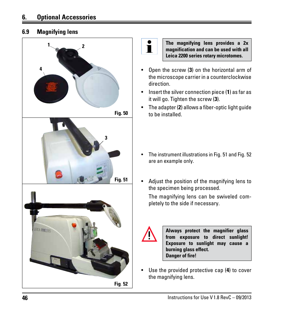 9 magnifying lens, Magnifying lens, Optional accessories | Leica Biosystems RM2235 User Manual | Page 48 / 78