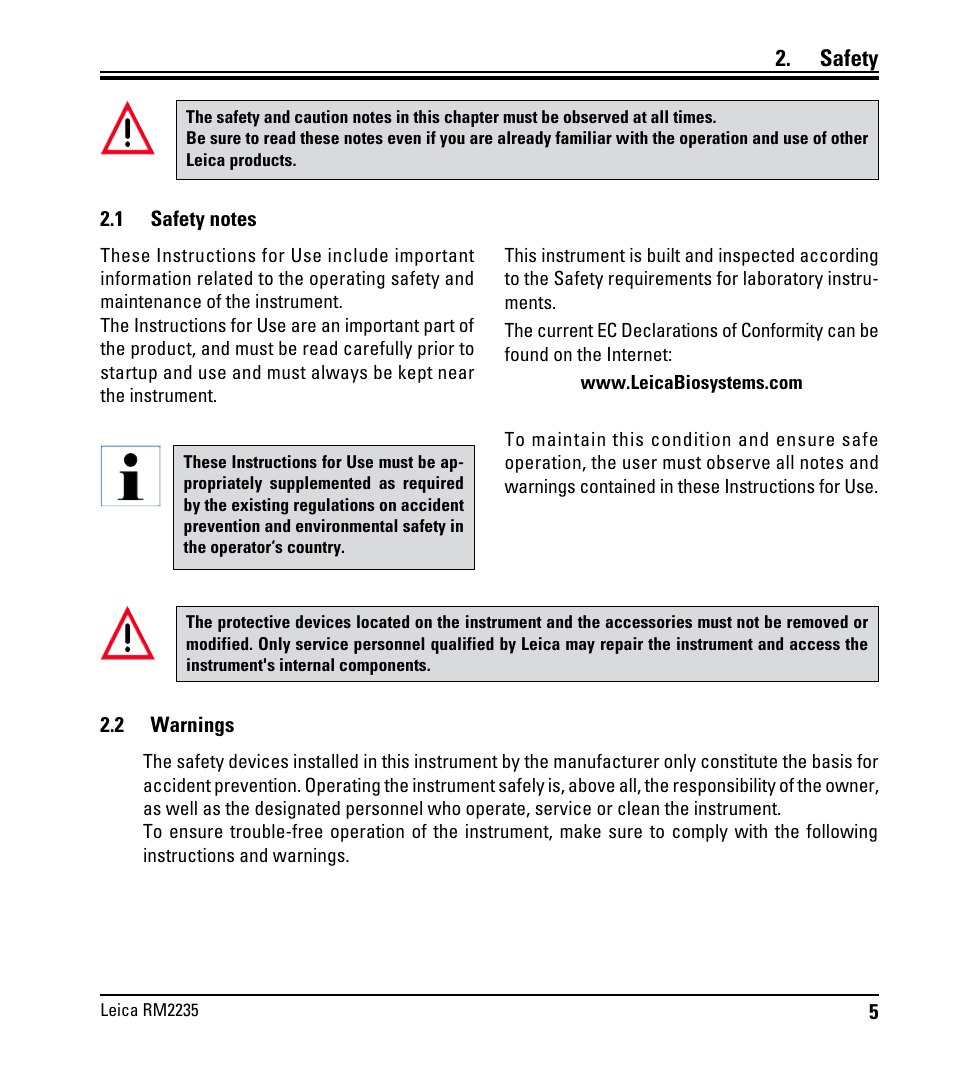 Safety, 1 safety notes, 2 warnings | Safety notes | Leica Biosystems RM2235 User Manual | Page 7 / 78