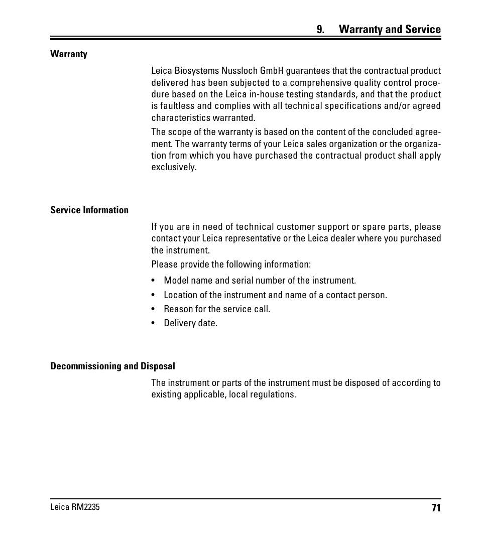 Warranty and service | Leica Biosystems RM2235 User Manual | Page 73 / 78