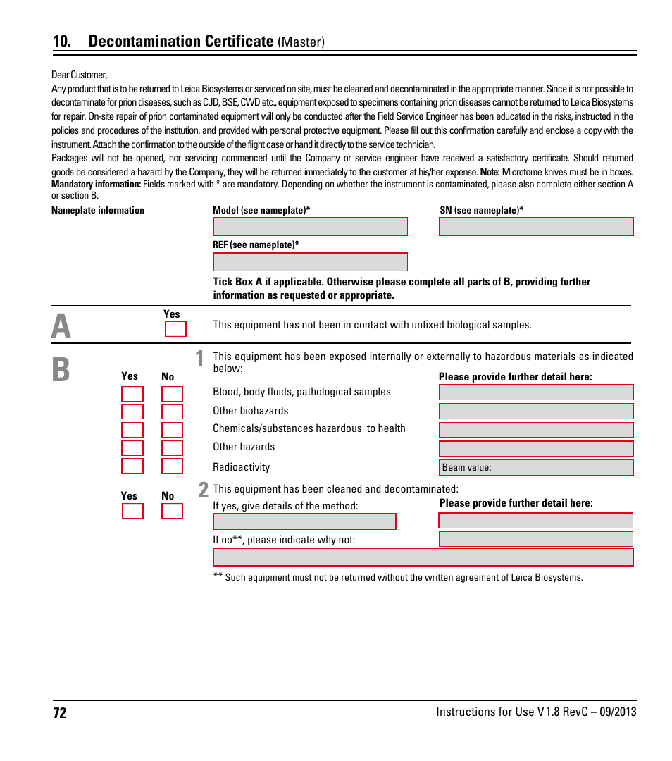 Decontamination certificate (master), Decontamination certificate, Master) | Leica Biosystems RM2235 User Manual | Page 74 / 78
