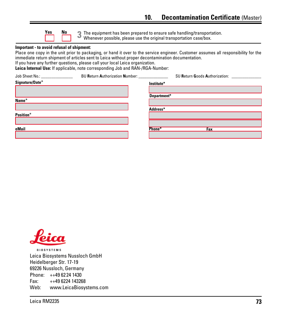 Decontamination certificate | Leica Biosystems RM2235 User Manual | Page 75 / 78