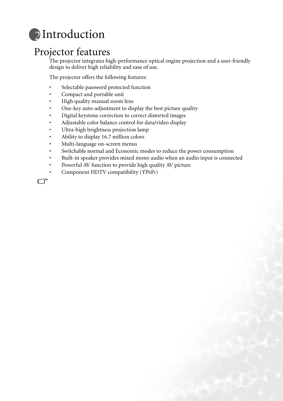 Introduction, Projector features | BenQ MP610 User Manual | Page 11 / 55