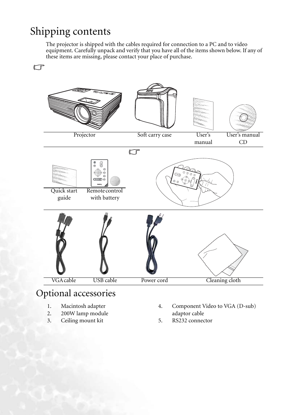 Shipping contents, Optional accessories | BenQ MP610 User Manual | Page 12 / 55