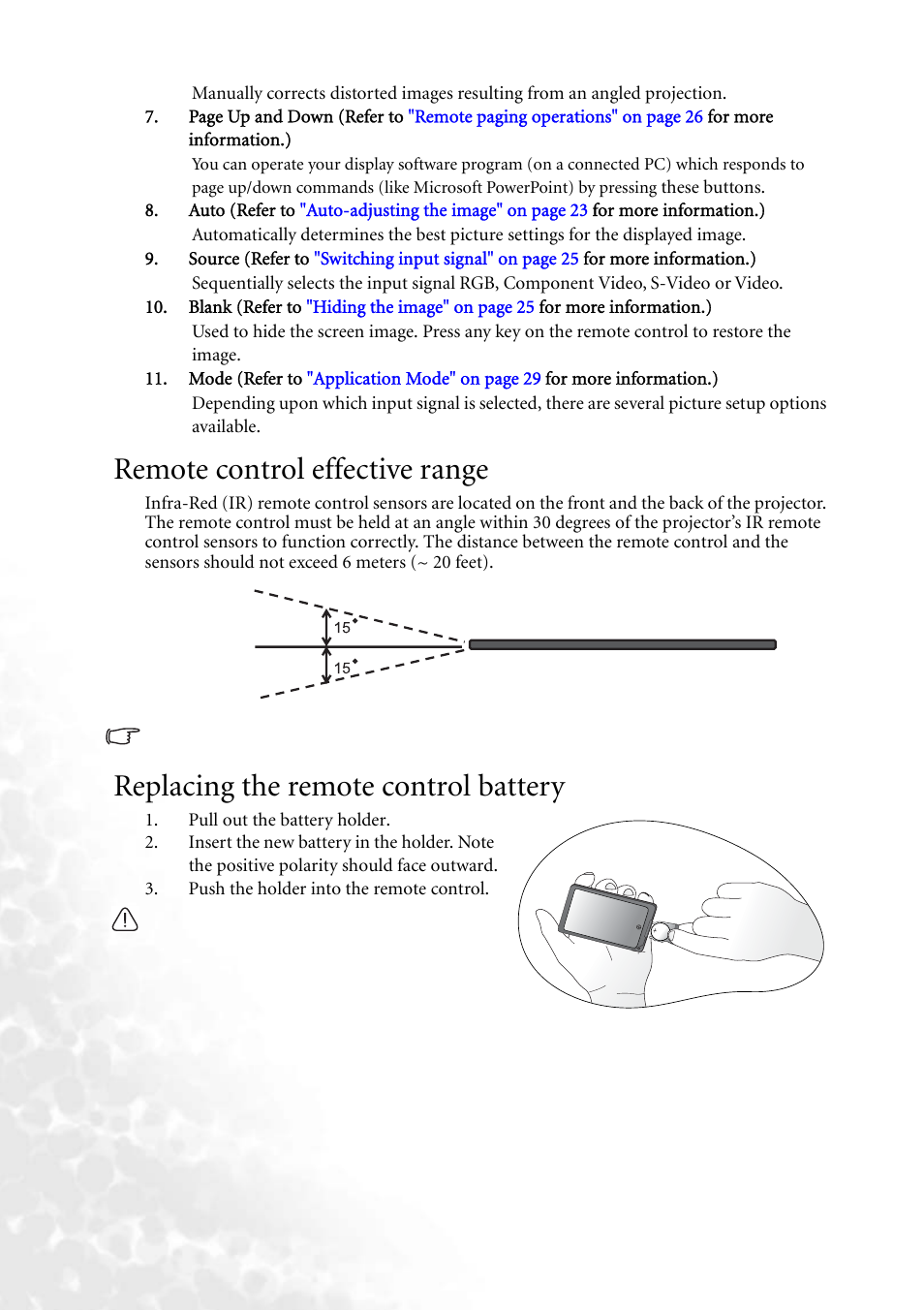 Remote control effective range, Replacing the remote control battery | BenQ MP610 User Manual | Page 16 / 55