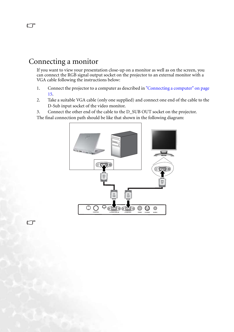 Connecting a monitor | BenQ MP610 User Manual | Page 22 / 55
