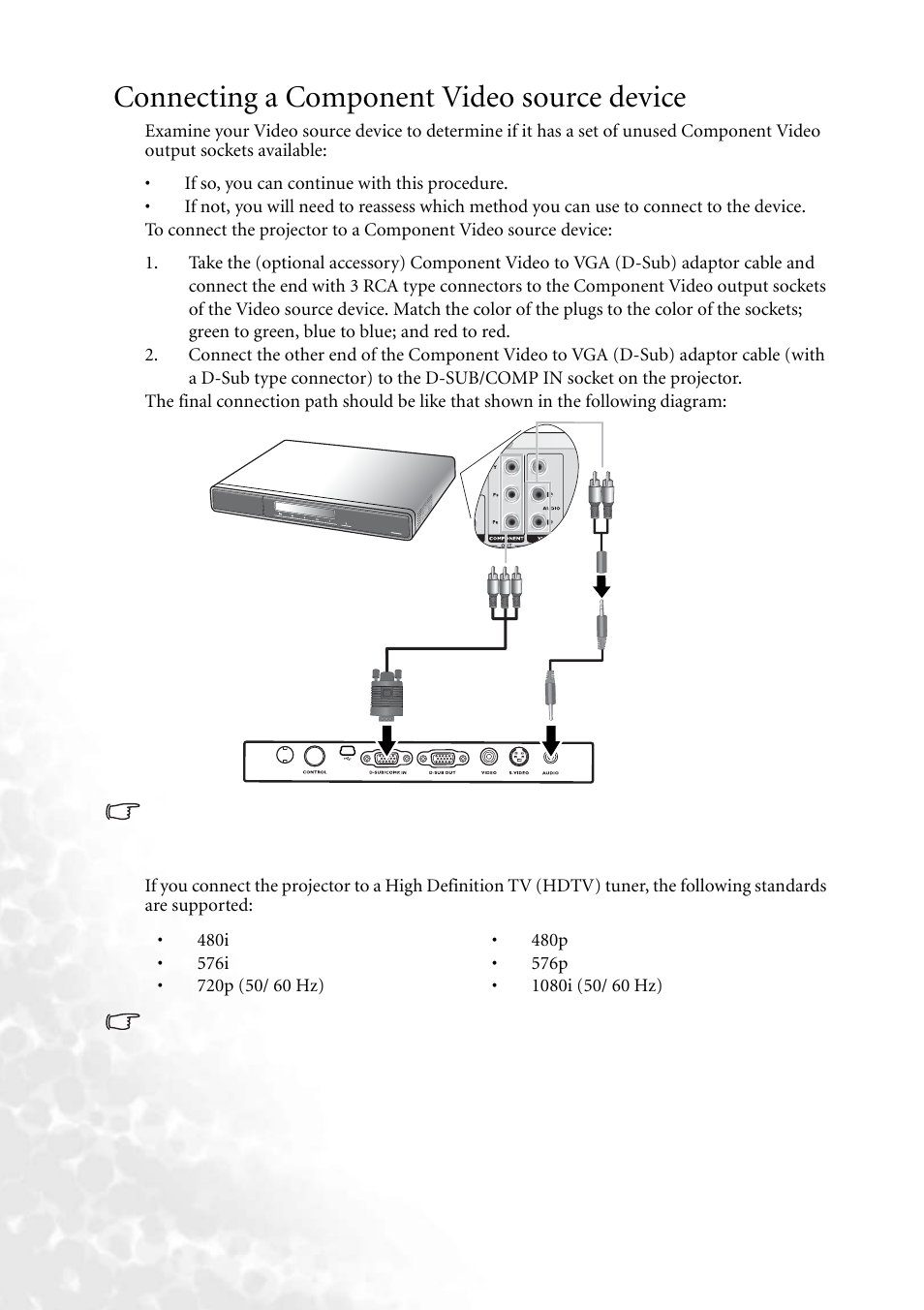 Connecting a component video source device | BenQ MP610 User Manual | Page 24 / 55