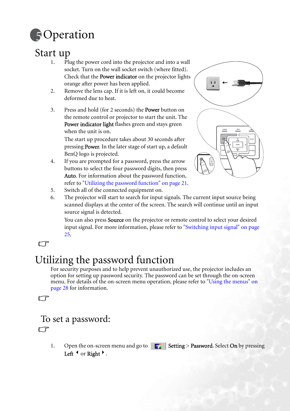 Operation, Start up, Utilizing the password function | To set a password, Start up utilizing the password function | BenQ MP610 User Manual | Page 27 / 55