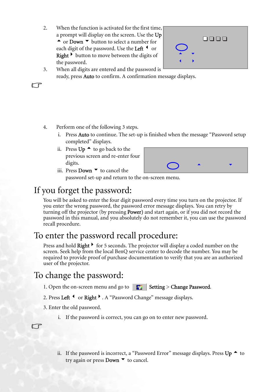 If you forget the password, To enter the password recall procedure, To change the password | BenQ MP610 User Manual | Page 28 / 55