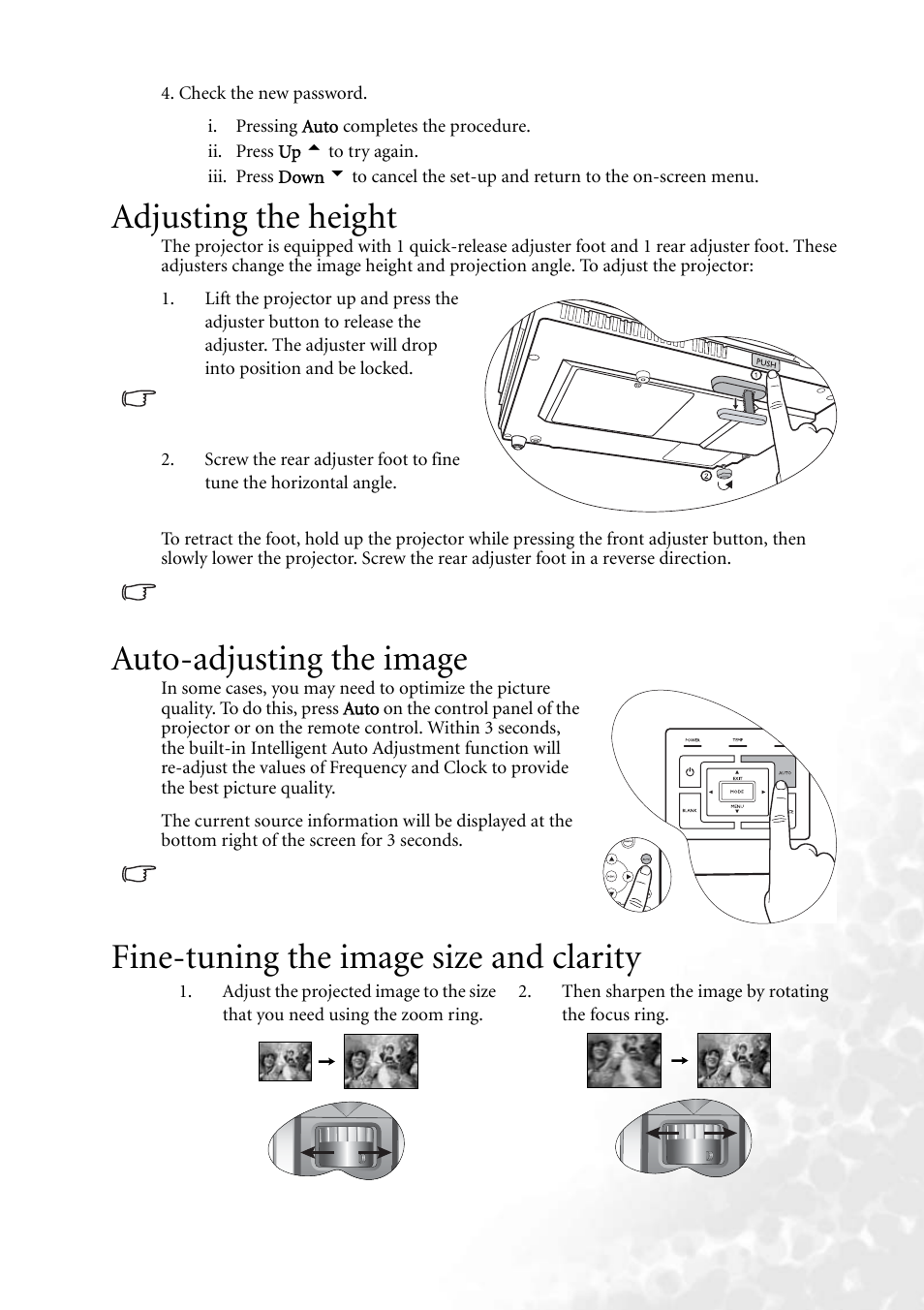 Adjusting the height, Auto-adjusting the image, Fine-tuning the image size and clarity | Adjusting the height auto-adjusting the image | BenQ MP610 User Manual | Page 29 / 55