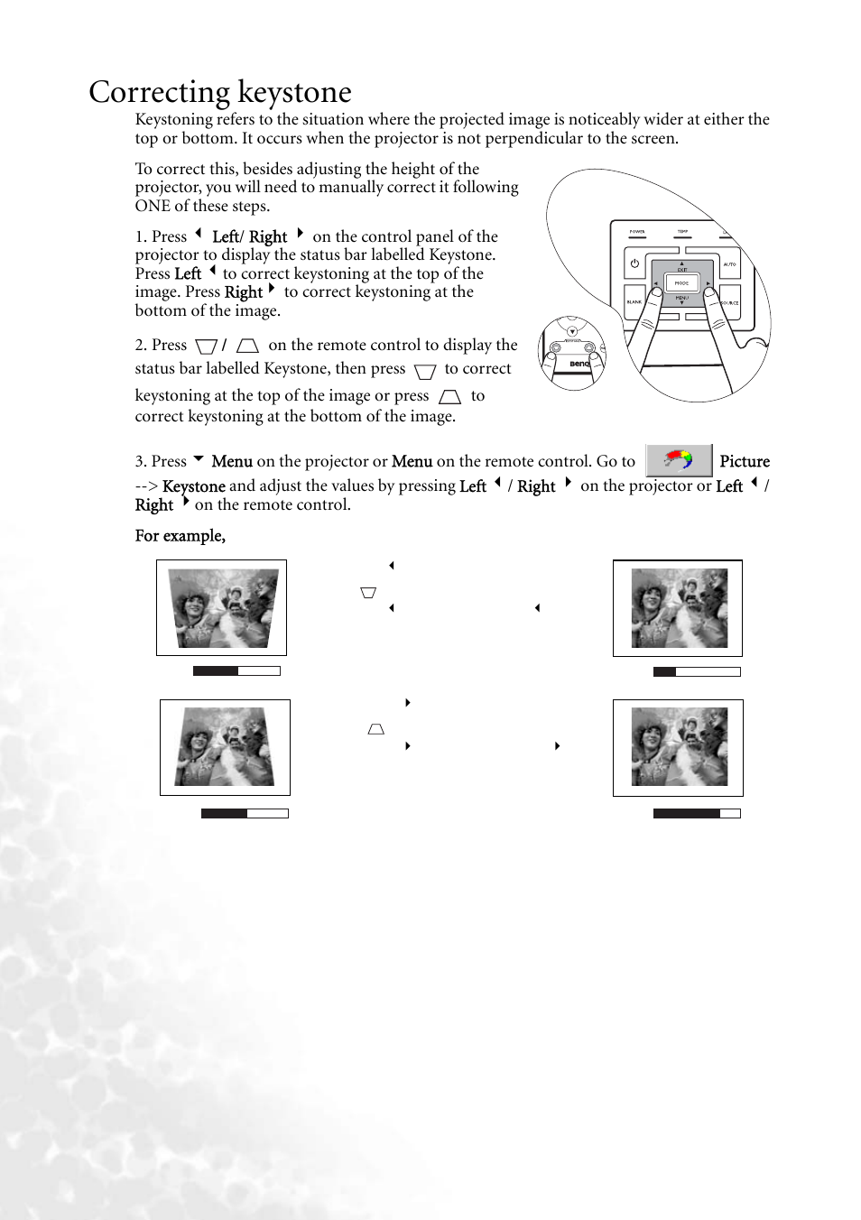Correcting keystone, Correcting keystone" on | BenQ MP610 User Manual | Page 30 / 55