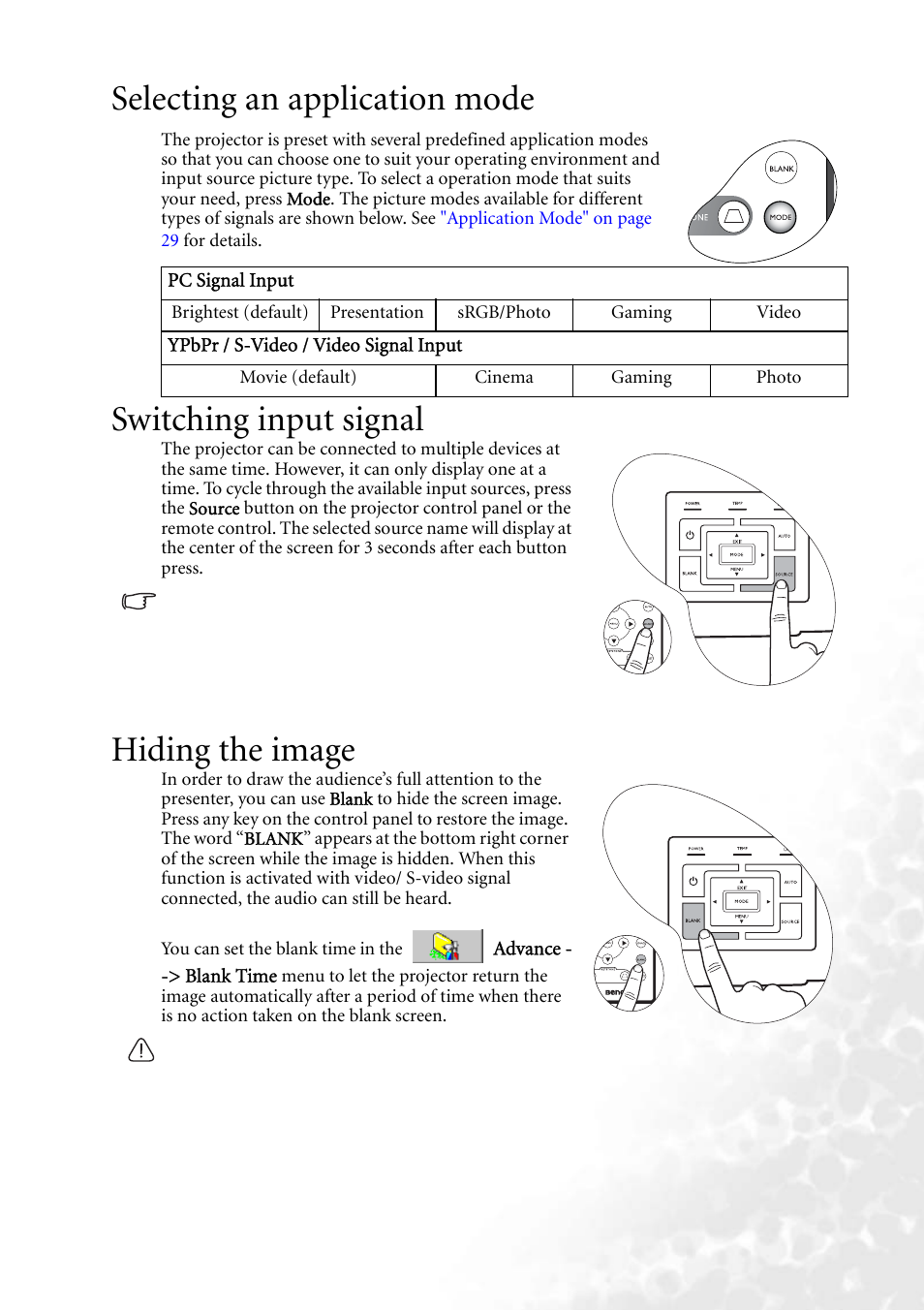 Selecting an application mode, Switching input signal, Hiding the image | BenQ MP610 User Manual | Page 31 / 55