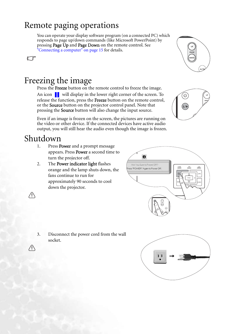Remote paging operations, Freezing the image, Shutdown | Remote paging, Remote paging operations" on | BenQ MP610 User Manual | Page 32 / 55