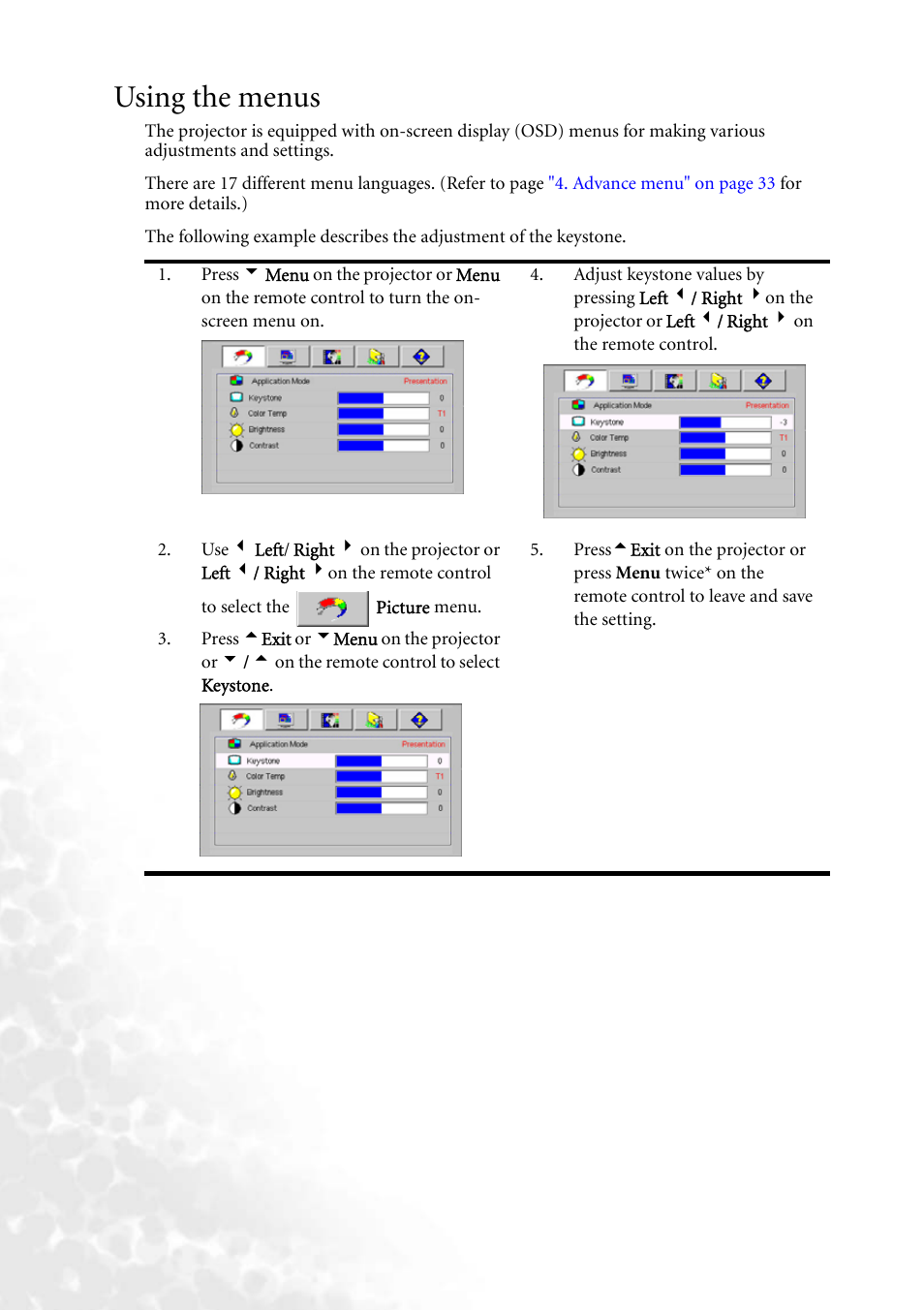 Using the menus, Efer to, Using the menus" on | BenQ MP610 User Manual | Page 34 / 55