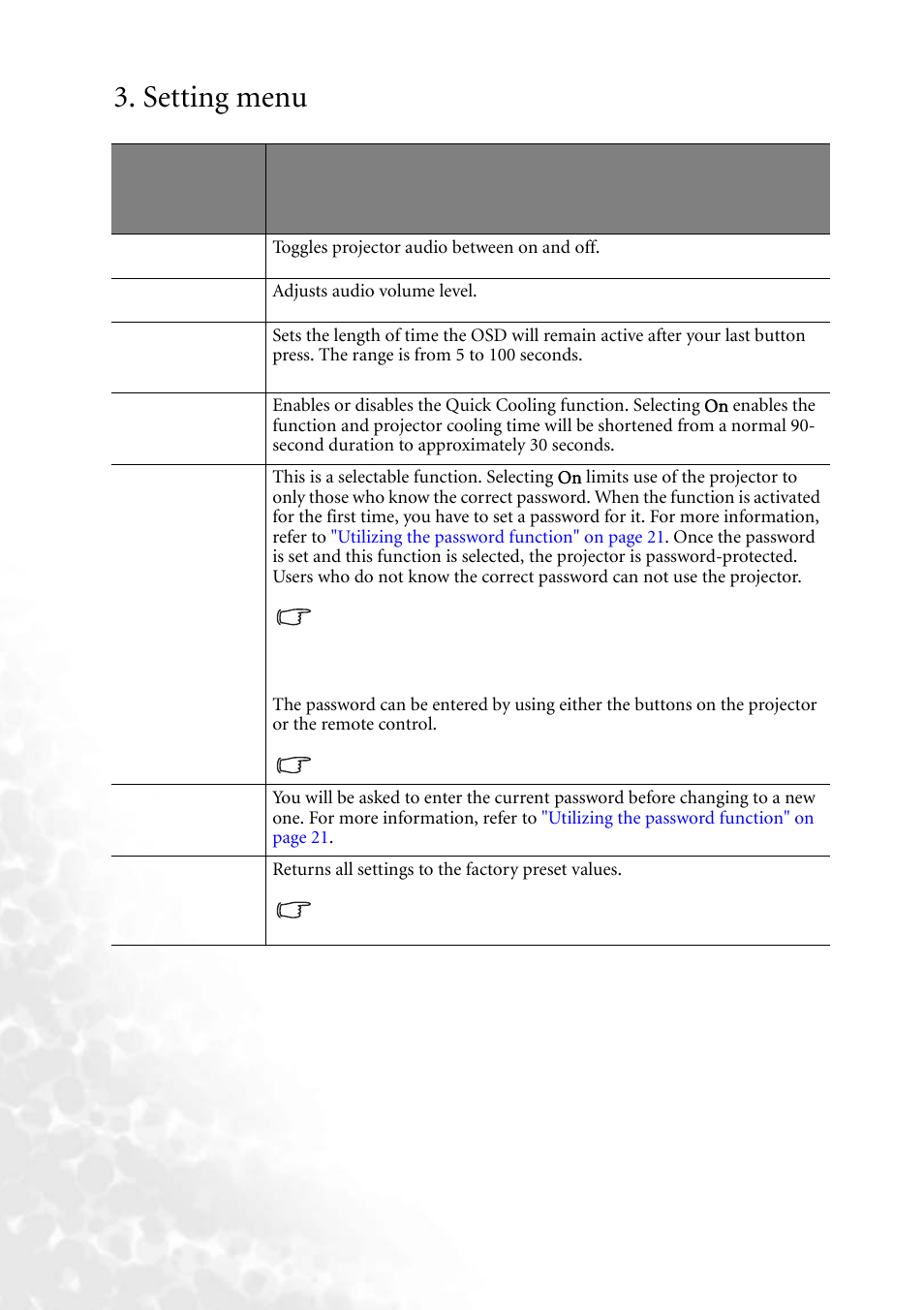 Setting menu, Quick cooling (off)" on | BenQ MP610 User Manual | Page 38 / 55