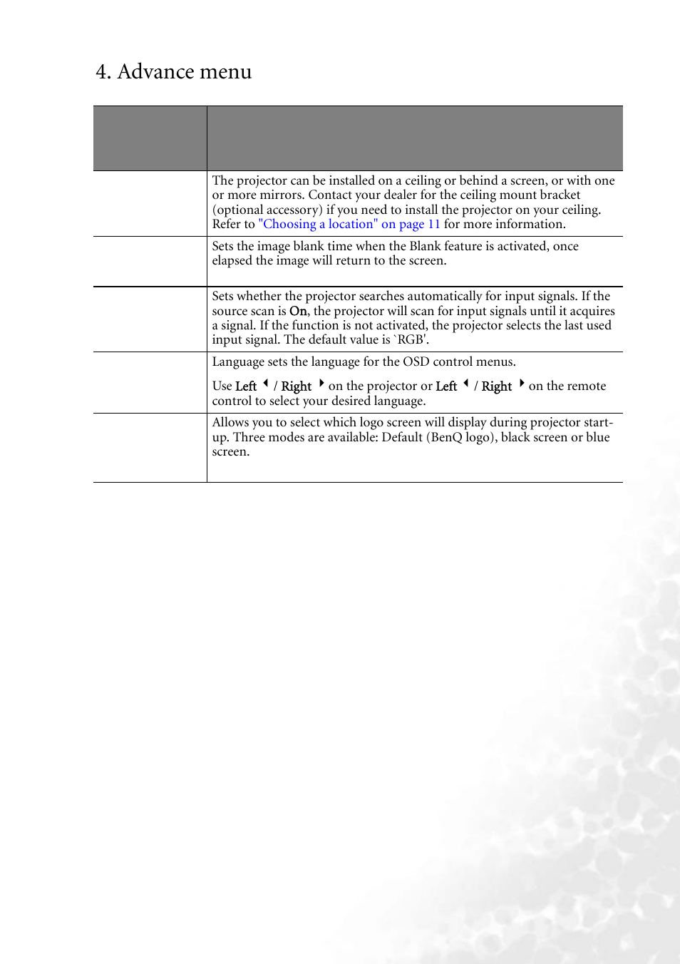 Advance menu | BenQ MP610 User Manual | Page 39 / 55