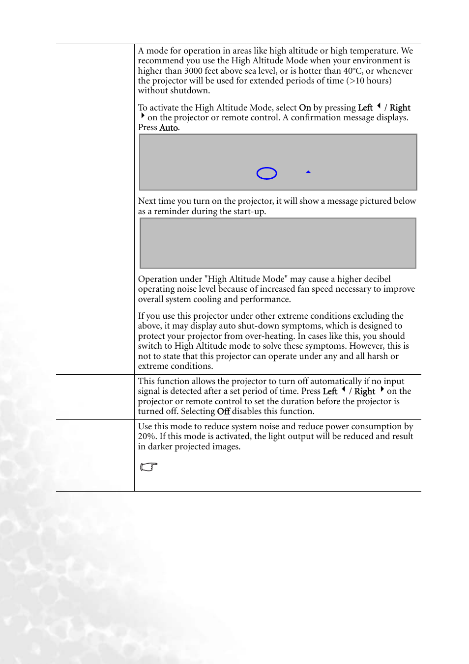 High altitude mode (off), Auto off (off), Economic mode (off) | BenQ MP610 User Manual | Page 40 / 55