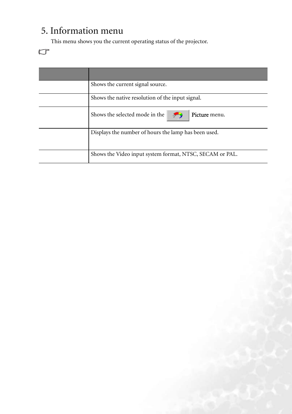 Information menu | BenQ MP610 User Manual | Page 41 / 55