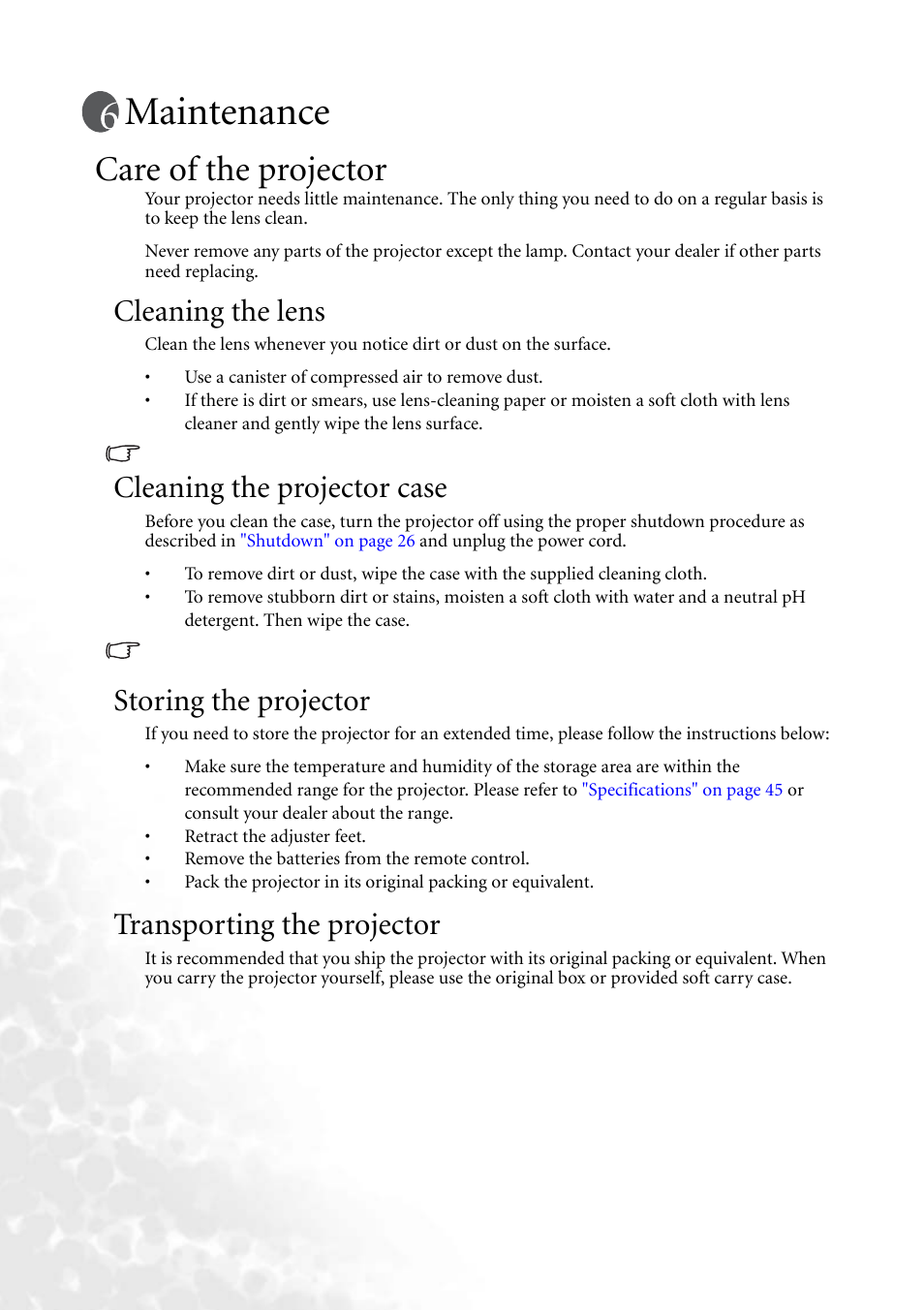 Maintenance, Care of the projector, Cleaning the lens | Cleaning the projector case, Storing the projector, Transporting the projector | BenQ MP610 User Manual | Page 42 / 55