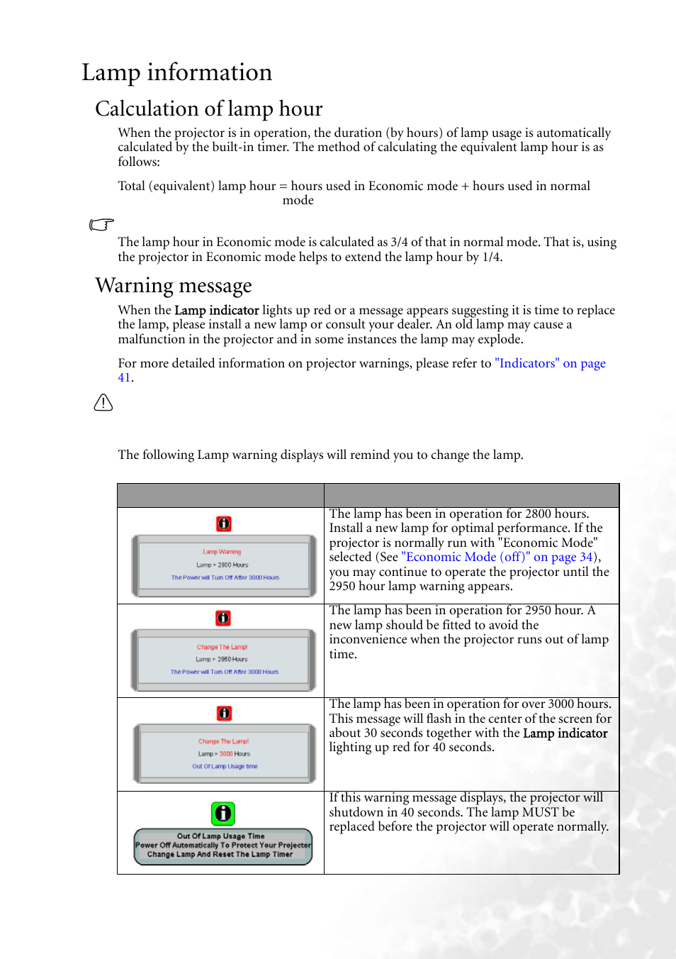 Lamp information, Calculation of lamp hour, Warning message | Calculation of lamp hour warning message | BenQ MP610 User Manual | Page 43 / 55