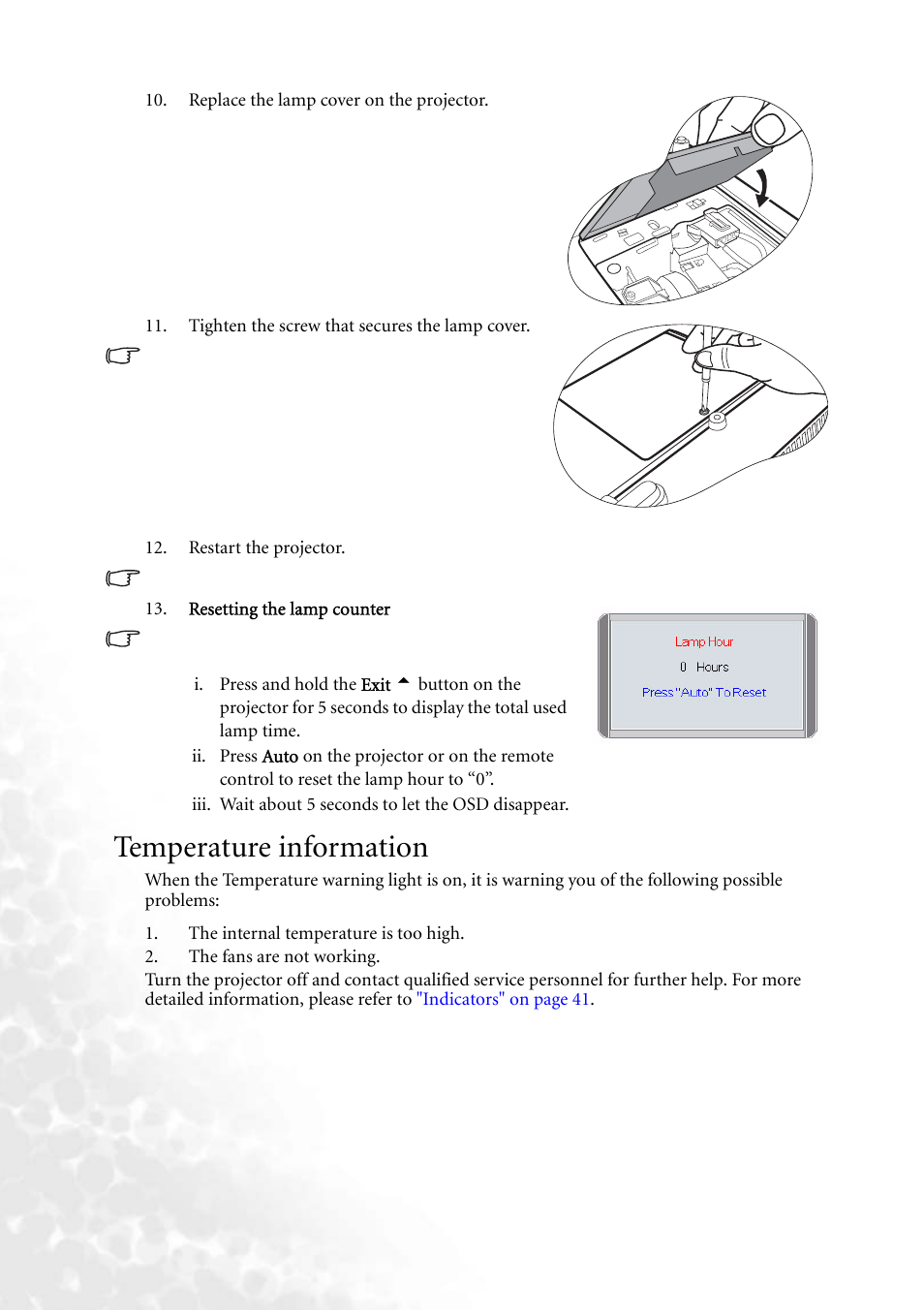 Temperature information | BenQ MP610 User Manual | Page 46 / 55