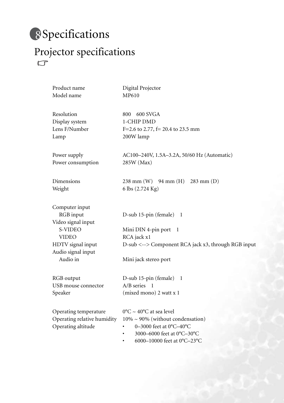 Specifications, Projector specifications | BenQ MP610 User Manual | Page 51 / 55