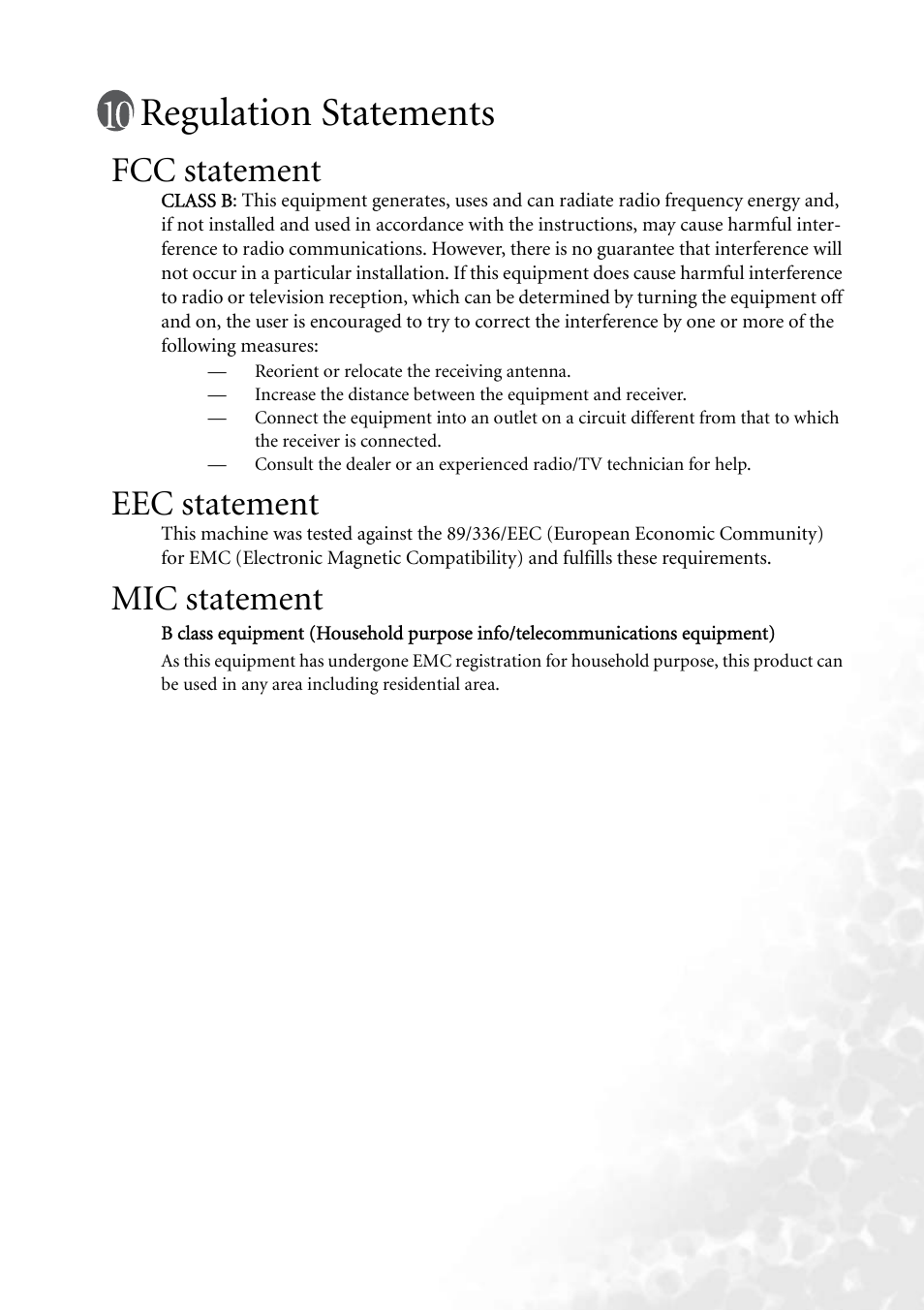 Regulation statements, Fcc statement, Eec statement | Mic statement | BenQ MP610 User Manual | Page 55 / 55