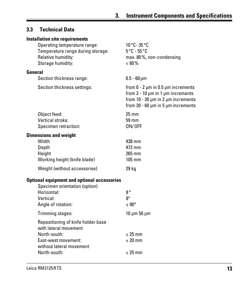 3 technical data, Technical data, Instrument components and specifications | Leica Biosystems RM2125 RTS User Manual | Page 13 / 60