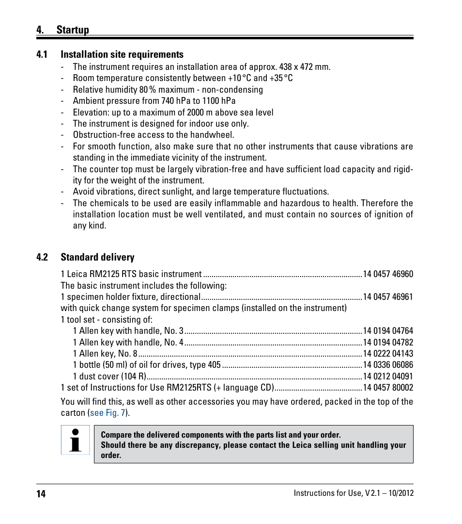 Startup, 1 installation site requirements, 2 standard delivery | Installation site requirements, Standard delivery | Leica Biosystems RM2125 RTS User Manual | Page 14 / 60