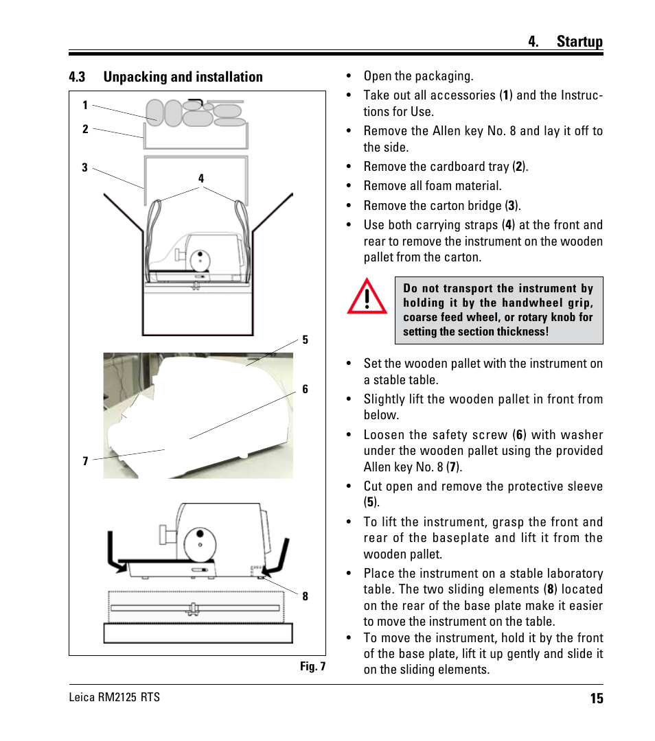 3 unpacking and installation, Unpacking and installation, Startup | Leica Biosystems RM2125 RTS User Manual | Page 15 / 60