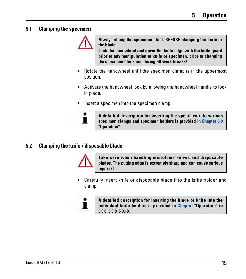 Operation, 1 clamping the specimen, 2 clamping the knife / disposable blade | Clamping the specimen, Clamping the knife / disposable blade | Leica Biosystems RM2125 RTS User Manual | Page 19 / 60