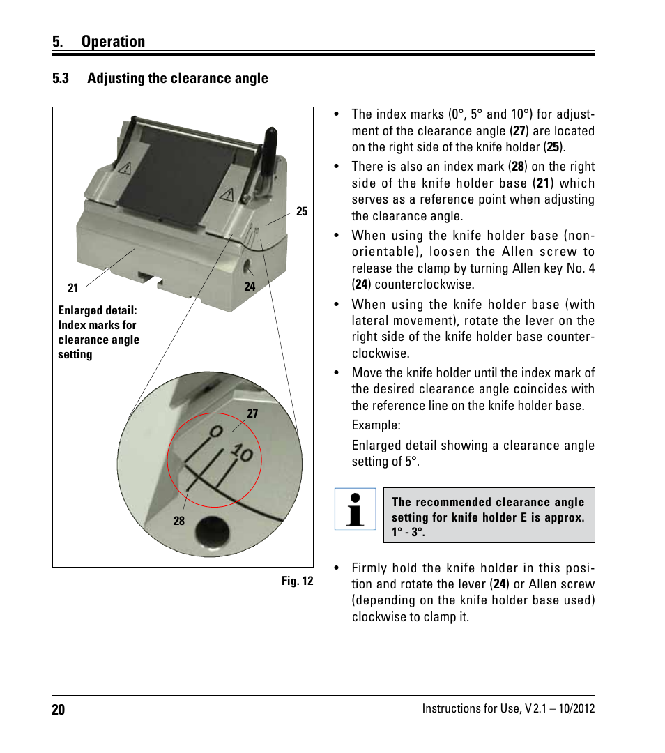 3 adjusting the clearance angle, Adjusting the clearance angle, Operation | Leica Biosystems RM2125 RTS User Manual | Page 20 / 60