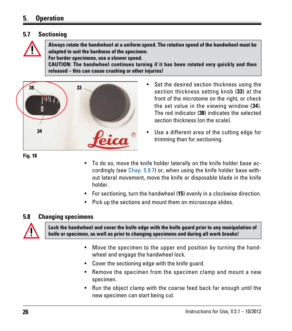 7 sectioning, 8 changing specimens, Changing specimens | Operation | Leica Biosystems RM2125 RTS User Manual | Page 26 / 60