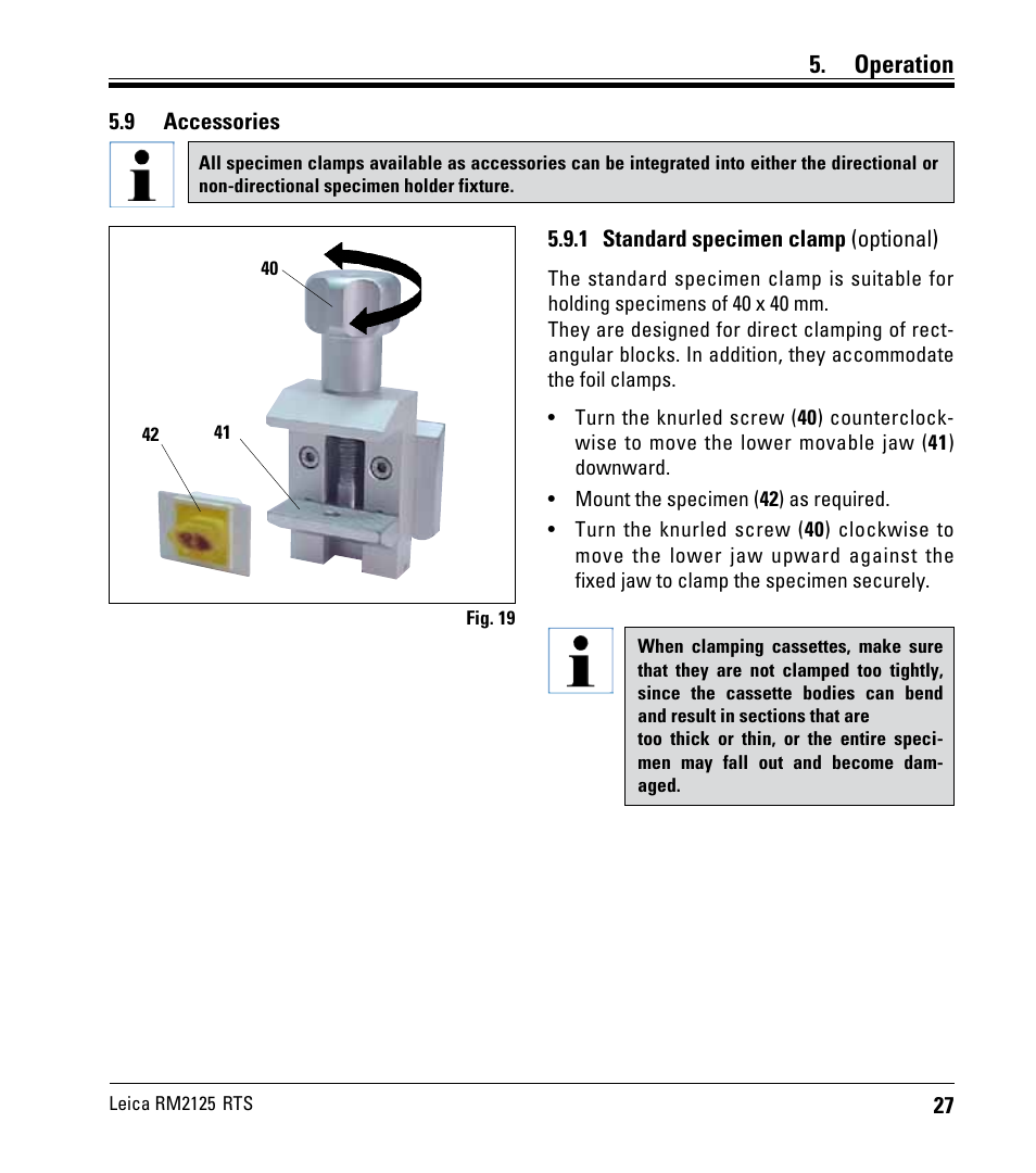9 accessories, 1 standard specimen clamp (optional), Operation | Leica Biosystems RM2125 RTS User Manual | Page 27 / 60