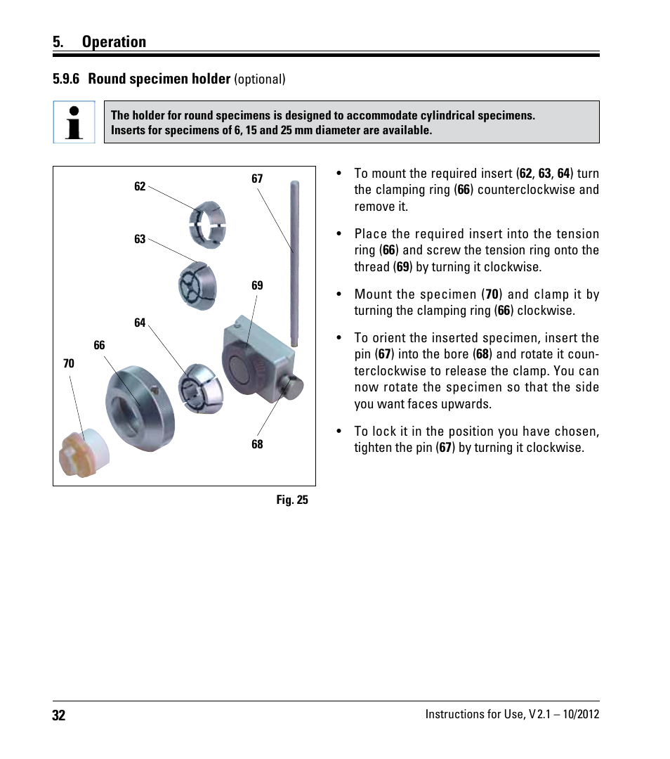 6 round specimen holder (optional), Operation | Leica Biosystems RM2125 RTS User Manual | Page 32 / 60