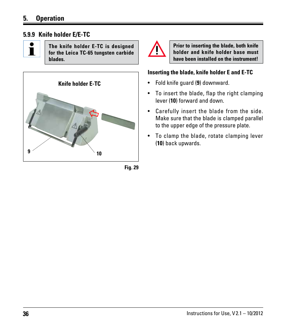 9 knife holder e/e-tc, Operation | Leica Biosystems RM2125 RTS User Manual | Page 36 / 60